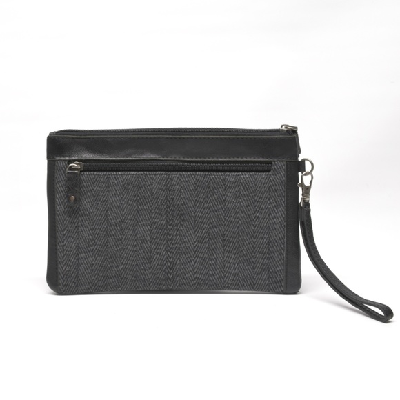 FOSSIL Herringbone Flannel and Pebbled Leather Wristlet Clutch Free Bracelet - Picture 2 of 15